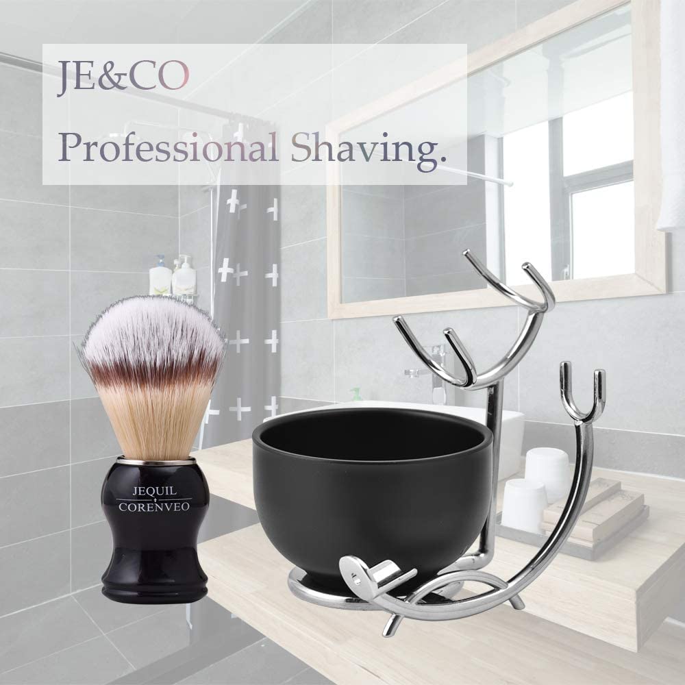 JEQUIL&CORENVEO Deluxe Shaving Kit for Men, 3 in 1 Shaving Set Includes Shaving Brush, Shaving Bowl, Razor & Brush Holder