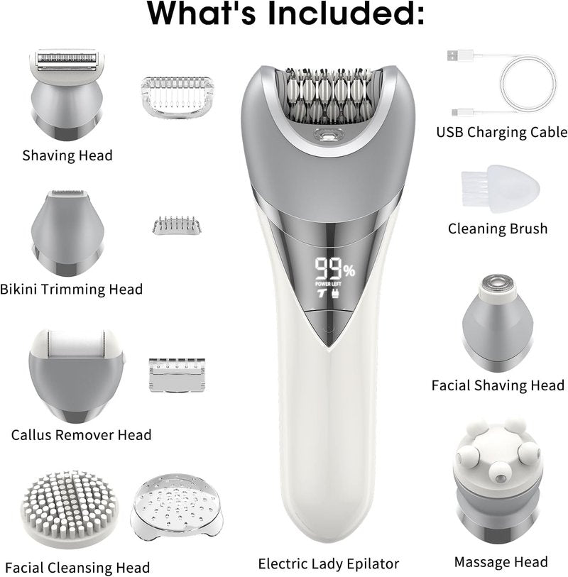 Epilator for Women, 7 in 1 Hair Removal Epilator, Electric Shaver for Women, Facial Brush, Face Massage and Body Exfoliator, IPX6 Waterproof Lady Razor for Whole body.