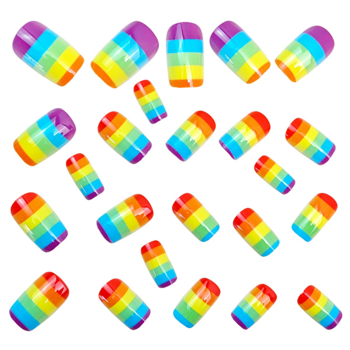 Rainbow Press On Nails - Medium Square Colorful Stripes Design | Glossy Acrylic Full Cover 24 Pcs for Women