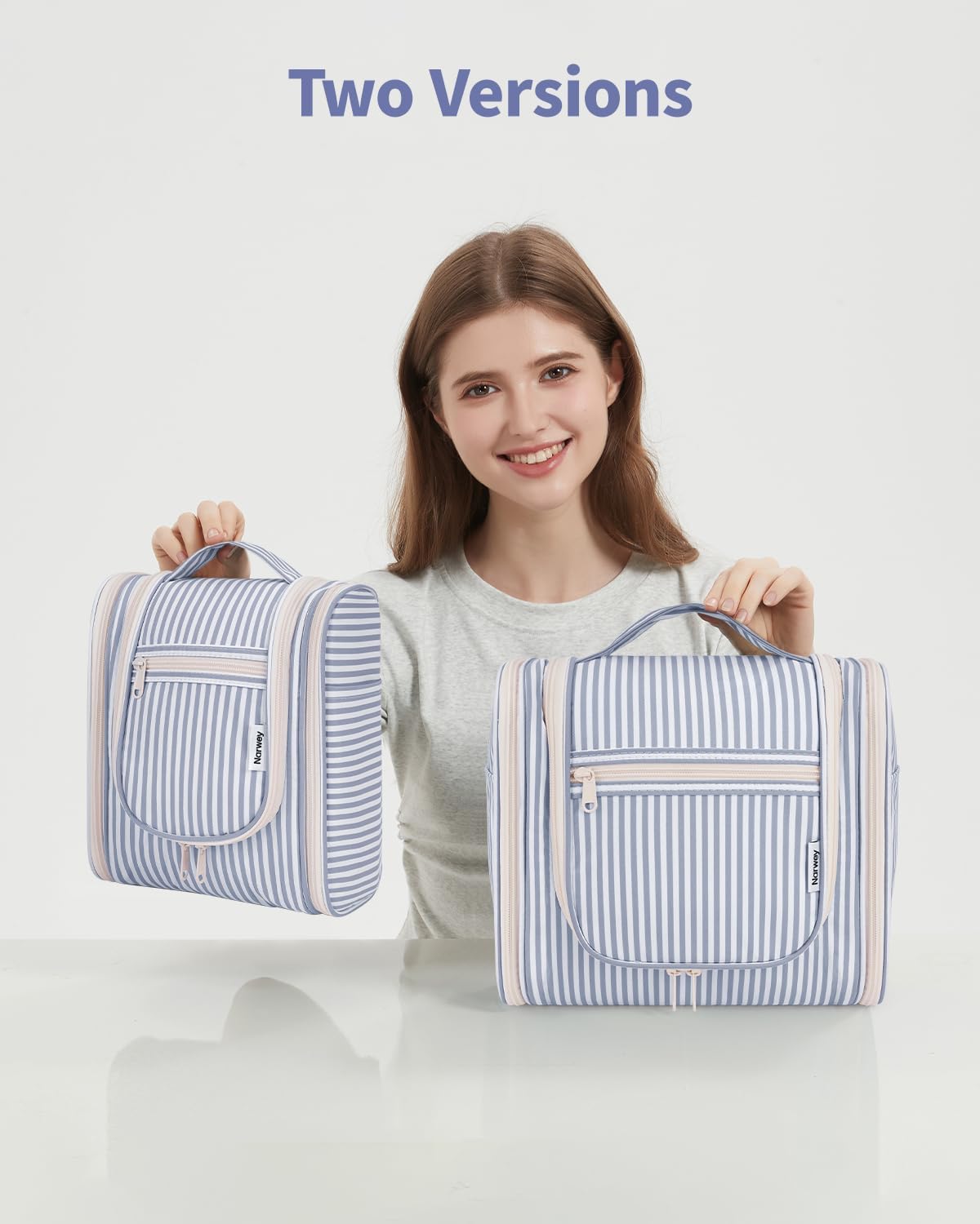 Small Striped Hanging Travel Toiletry Bag for Women - Makeup Organizer | Greyish Blue Stripe