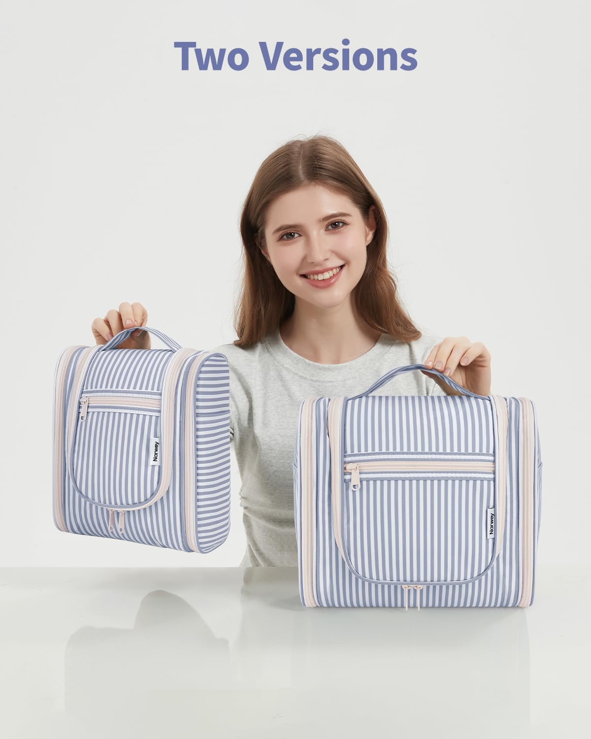 Narwey Small Striped Hanging Travel Toiletry Bag for Women, Travel Bag for Toiletries, Makeup Bag Organizer Cosmetic Bags Make Up Bags for Women (Greyish Blue Stripe)