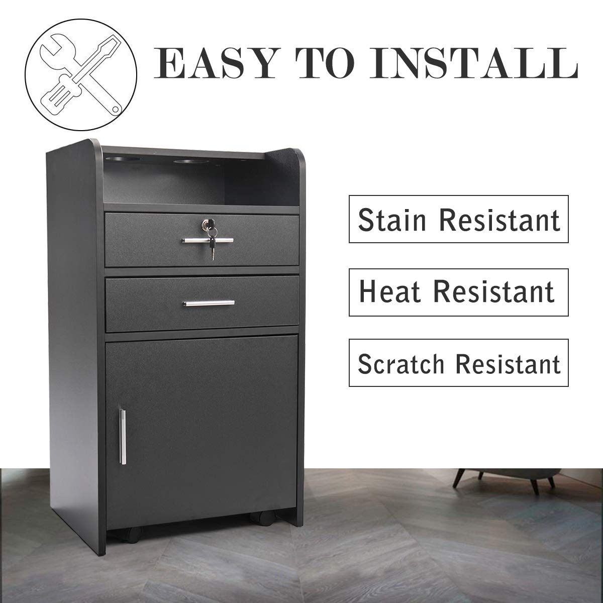 Hair Salon Station - Mobile Trolley Cart with Locking Drawer & 2 Hair Dryer Holders | Black