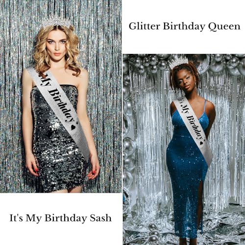 CURASA Silver Birthday Tiara and Sash Set - Rhinestone Crown for Women