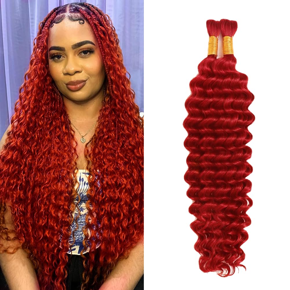 Red Boho Hair for Braiding Deep Wave Bulk Human Hair for Braiding 26 26 Inch No Weft Brazilian Red Deep Wave Bulk Braids Extensions