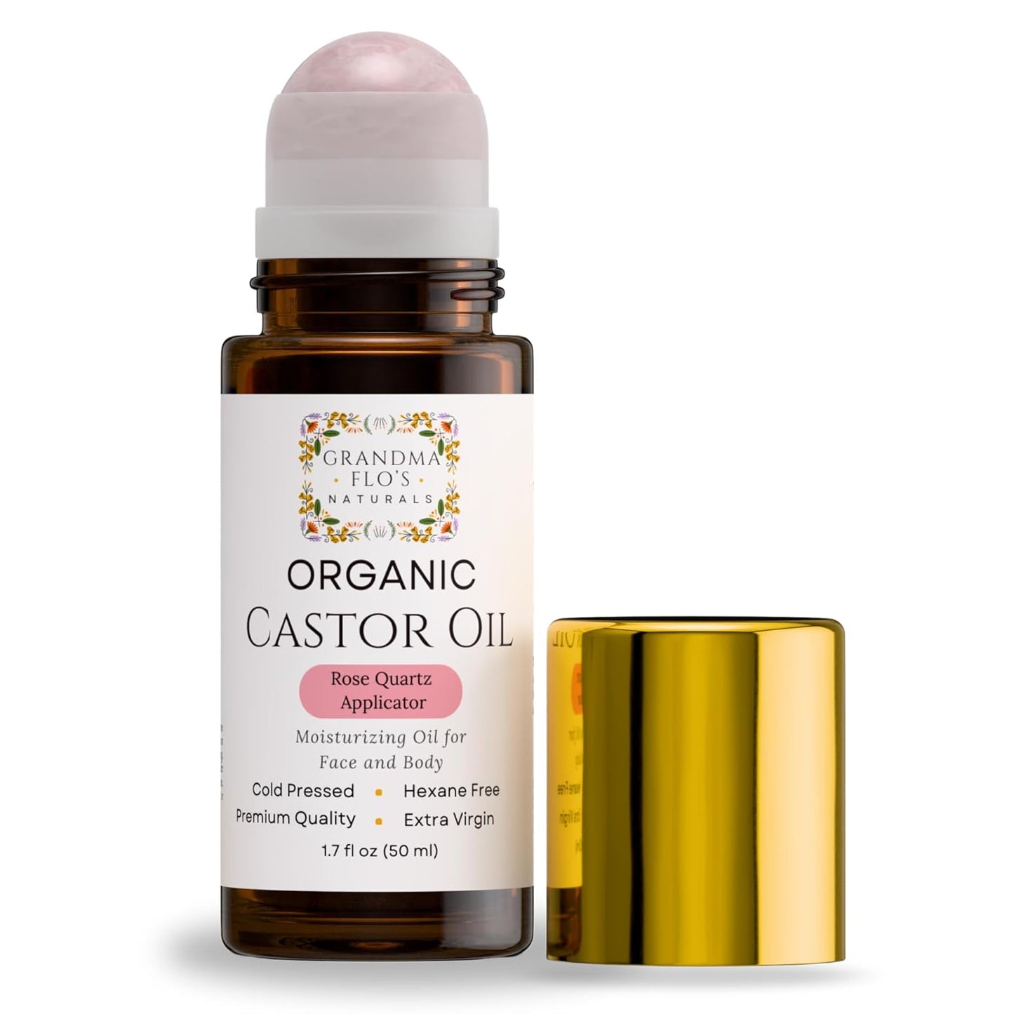 Organic Castor Oil with Rose Quartz Roll-On | Cold Pressed, Hexane Free, Unrefined - 50ml for Hair Growth & Skin Moisturizing
