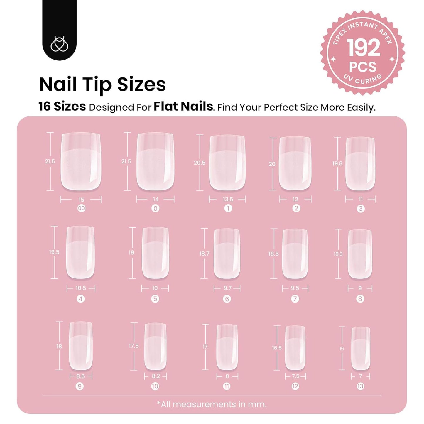 Beetles Instant Apex Nail Tips - Short Square, 192pcs in 16 Sizes 00–14 | Thicker Strong Acrylic for DIY Extensions