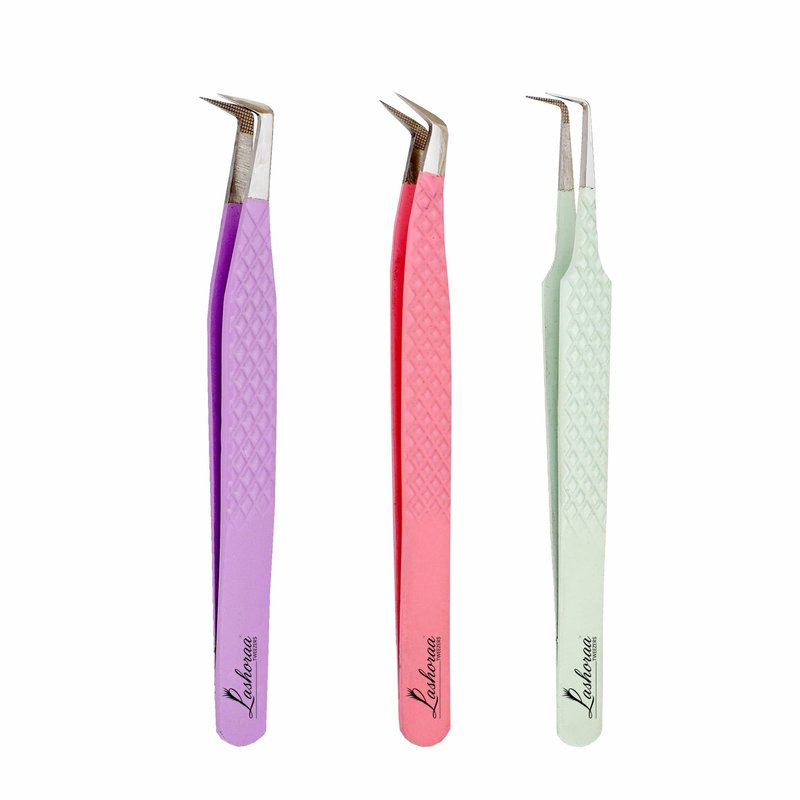 LASHORAA Lash Tweezers Set for Eyelash Extensions - 3 Piece Precision Fiber Tip Diamond Grip, Volume, L-Shape Boot, 90 Degree Tweezers - Includes Leather Case for Classic Lashes & Premade Fans