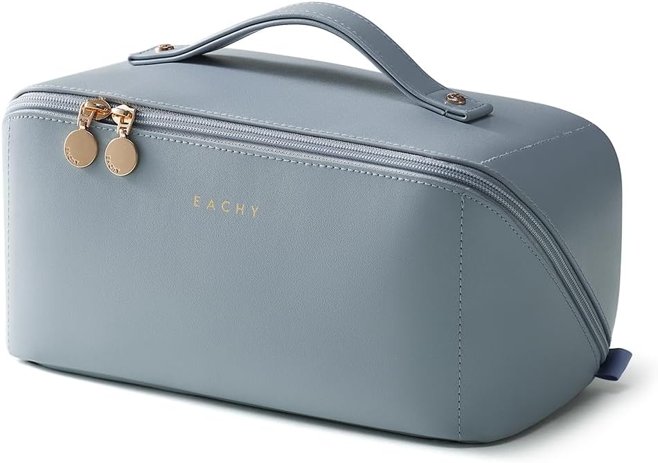 Travel Makeup Bag - Large Capacity Waterproof PU Leather Cosmetic Organizer | Flat Open Design for Skincare & Brushes