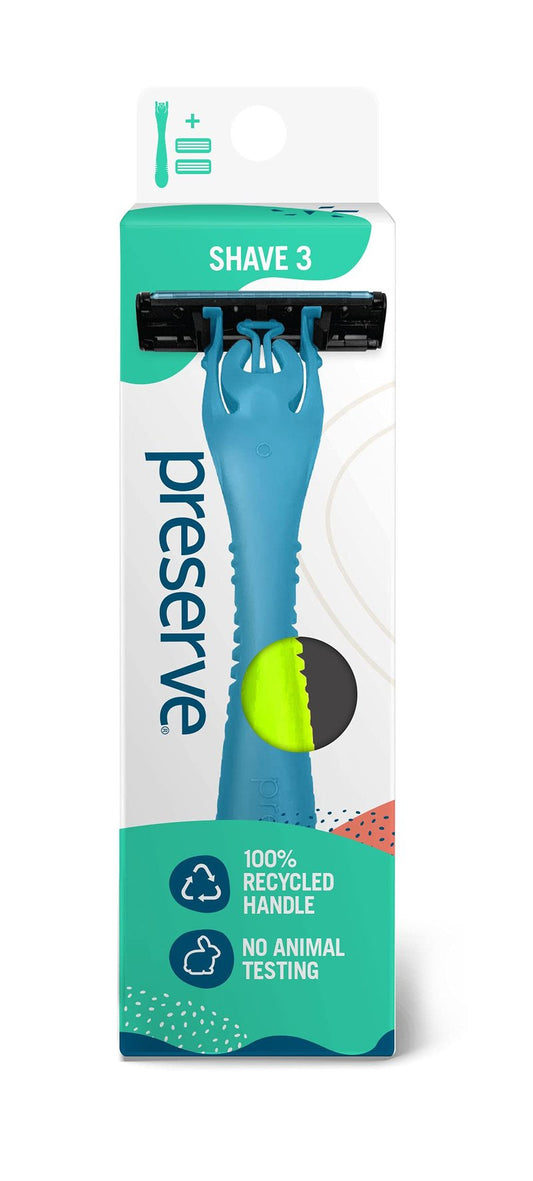 Preserve Shave 3 Razor Blade System - Titanium-Coated 3-Blade Razors for Women & Men - With Vitamin E & Aloe – Eco Friendly, Cruelty Free, Unisex Shaving for Face & Body - (Colors Vary)