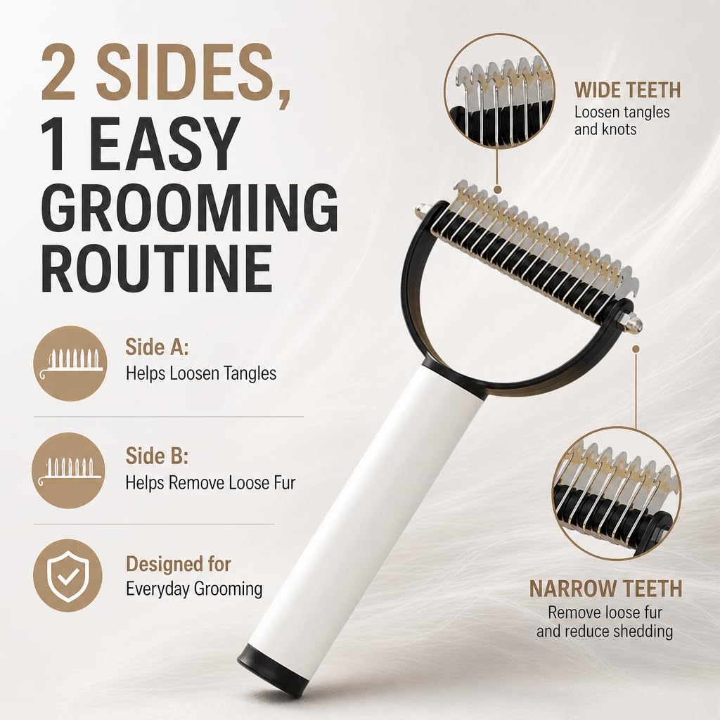 Double-Sided Dematting Comb for Cats & Dogs - Gentle Detangler for Tangles, Knots & Loose Fur | Ergonomic Grooming Brush
