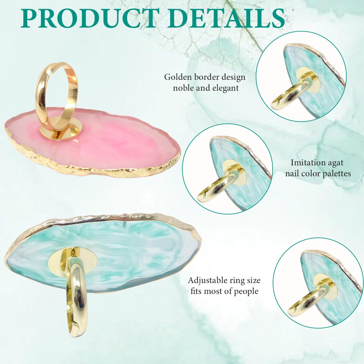2 Pcs Nail Art Palette Rings, Marble Resin Gel Polish Mixing Trays, Adjustable Finger Ring Nail Art Holder for DIY Color Mixing(Pink,Green)