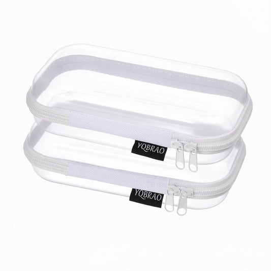 YQBRAO 2-Pack Small Clear Hard Shell Zipper Case White, 1.2mm Heavy-Duty Crush-Proof Makeup Bag, TSA Approved Toiletry Bag, Rigid Diaper Bag Organizer Pouches for Cables, Tech & Snacks