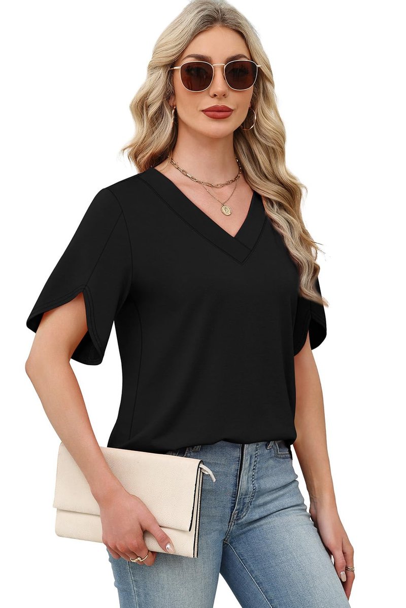 WIHOLL Womens Tops Short Sleeve Shirts Summer Outfits 2026 Blouses for Women Dressey Casual Beach Vacation Clothes Fashion Clothing Business Black XL