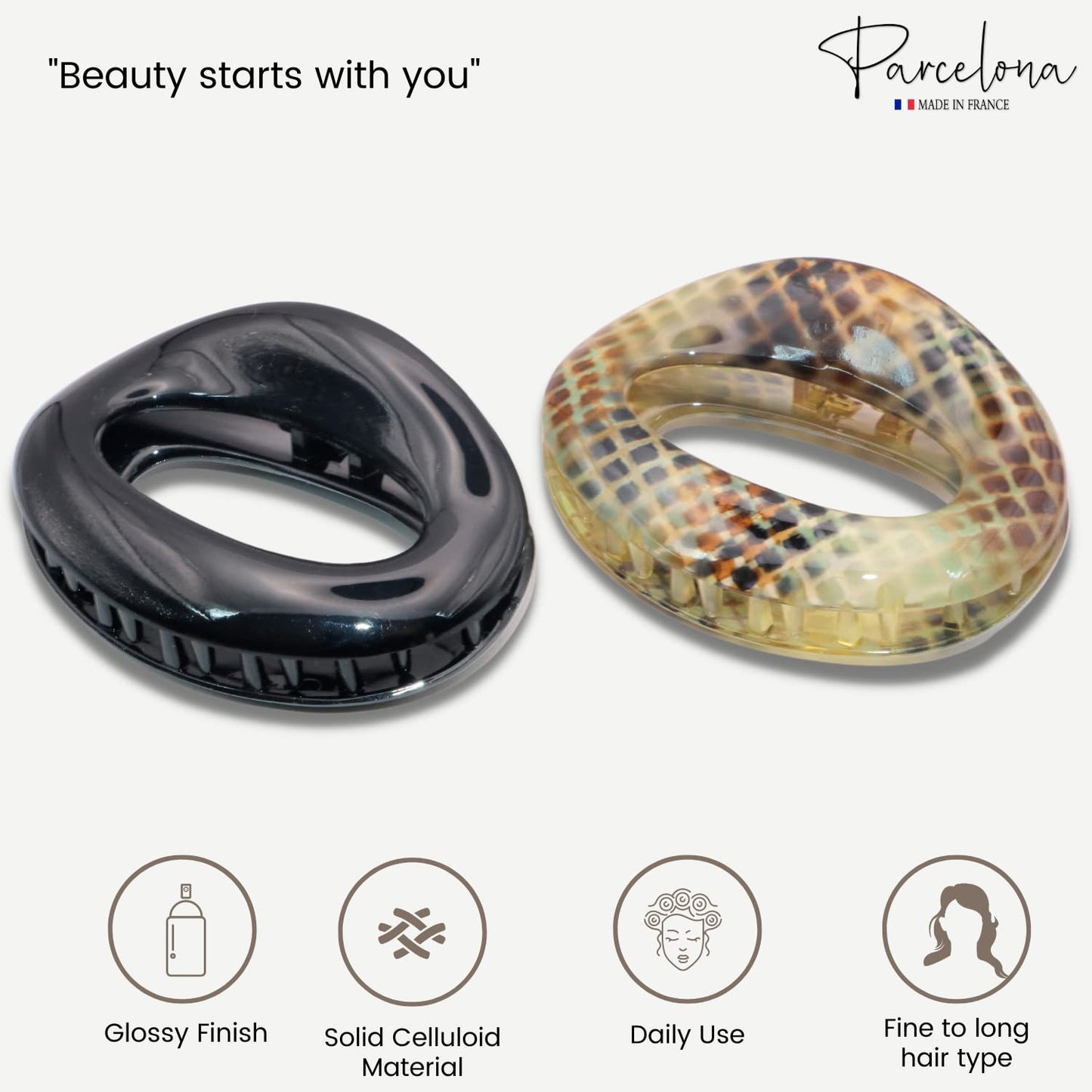 Parcelona French Flat Tube Cutout Small 2 1/2" Celluloid Set of 2 No Slip Grip Jaw Hair Claw Durable Styling Women Hair Accessories Girls Hair Claw Clips