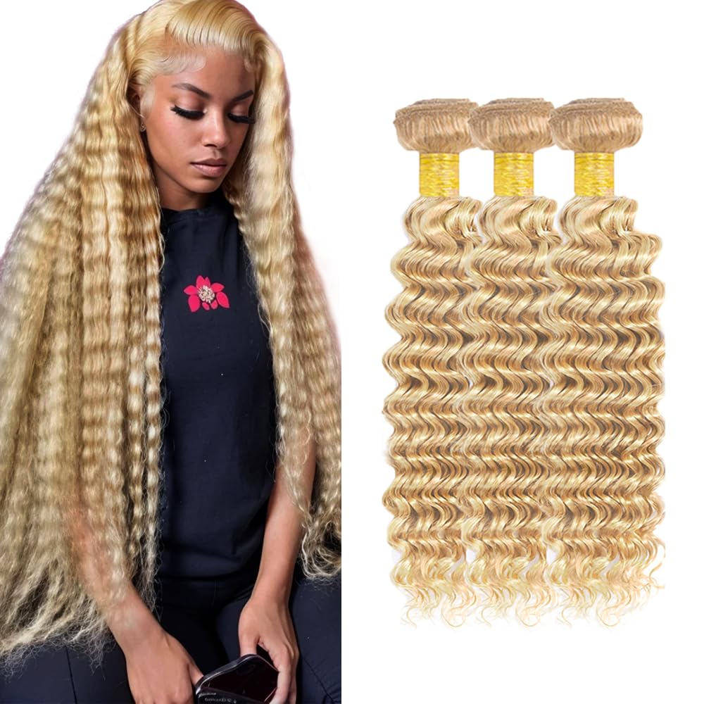 P27/613 Highlight Blonde Bundles Human Hair Honey Blonde Deep Wave Bundles 12 14 16 Inch 3 Bundle Unprocessed Brazilian Virgin Hair 50 Gram Per Bundle Deals Quick Weave Hair Extensions