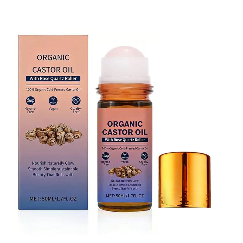 Organic Castor Oil Roll-On with Rose Quartz Roller | 100% Cold Pressed, Hexane-Free | Moisturizes Skin & Hair - 1 Piece
