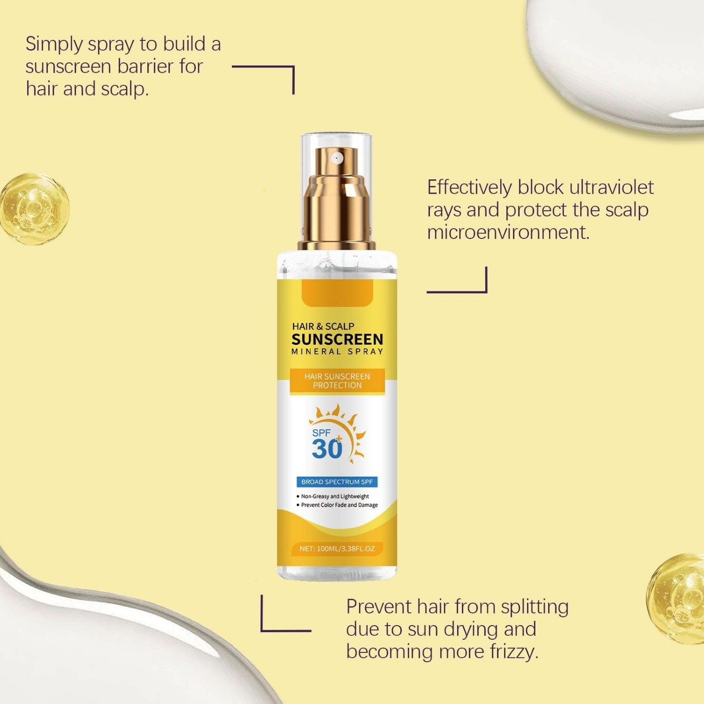 Hair and Scalp Sunscreen Spray SPF 30 - Non-Greasy UV Protection | Prevents Color Fade & Dryness