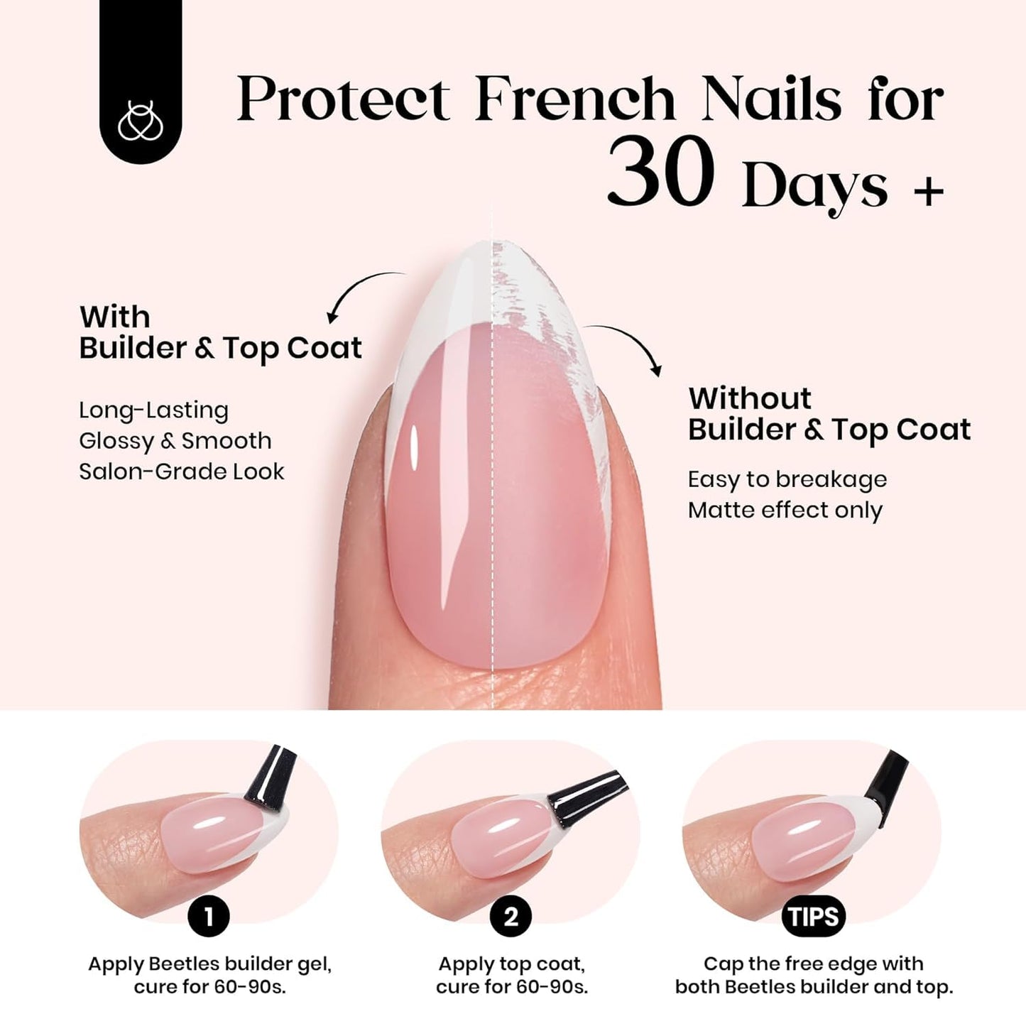 Beetles French Tips Press On Nails: 224 Pcs Pink Short Almond Press On Nails, Reusable Acrylic Nail Tips Soft Gel Nail Tips False Nails Art DIY for Women,16 Sizes
