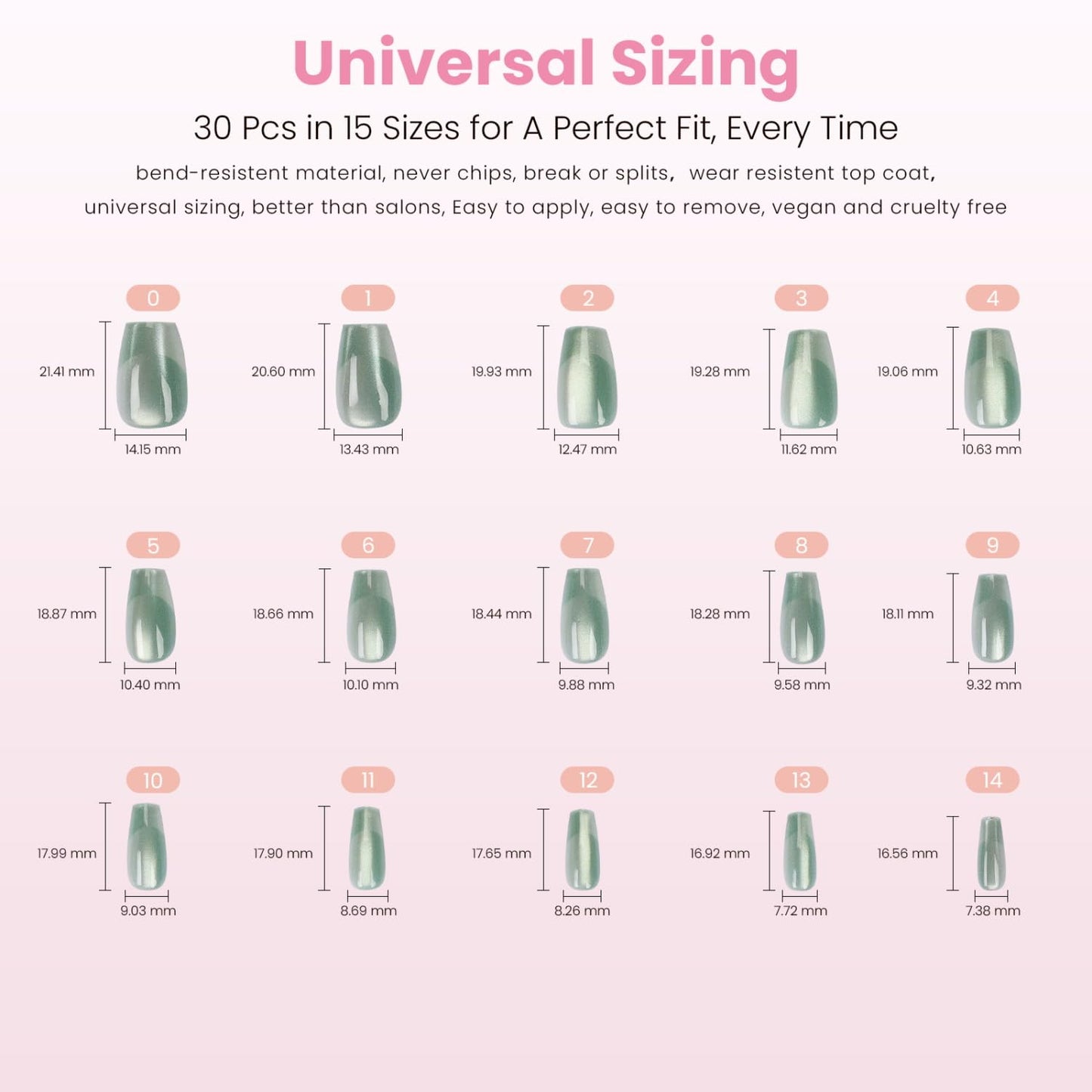 Nail Reformation Press On Nails, Tropicool | Green Short Coffin Fake Nails with Velvet Cat Eye in Glossy Finish, Salon Quality, Reusable Stick On Nails in 15 Sizes - 30 Nail Kit, Gifts for Women