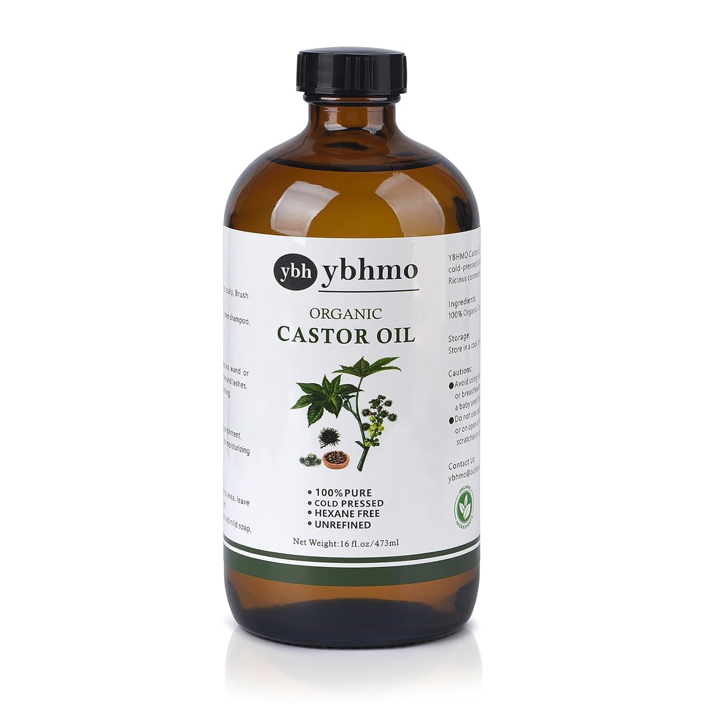 Cold Pressed Castor Oil - 100% Pure & Hexane Free for Hair Growth | 16 Fl Oz Organic Glass Bottle