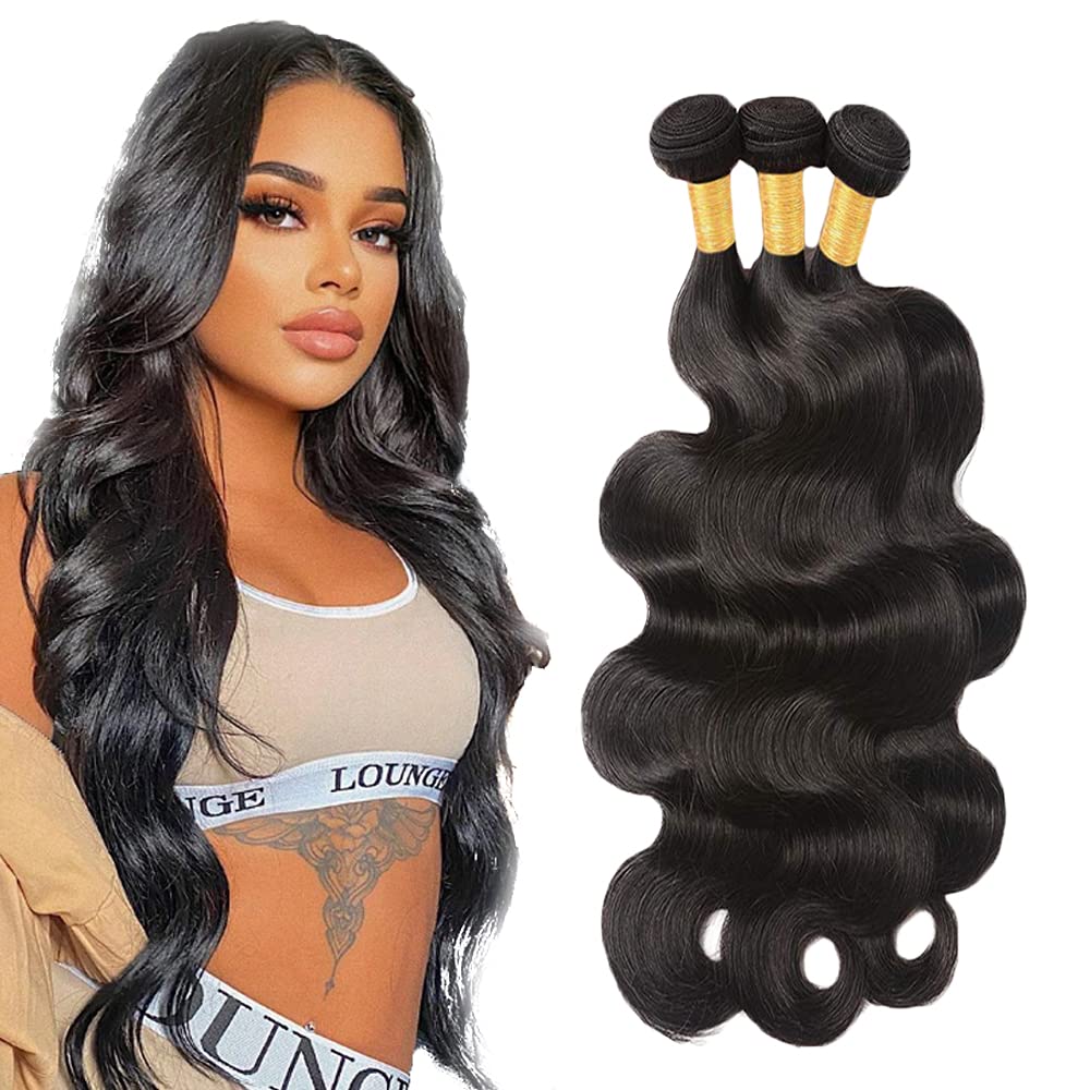 Body Wave Bundles Human Hair Bundles 20 20 20 Inch #1B Natural Black Color Body Wave 3 Bundle Unprocessed Brazilian Virgin Weave Hair Extensions 50 Gram Per Bundle for Black Women