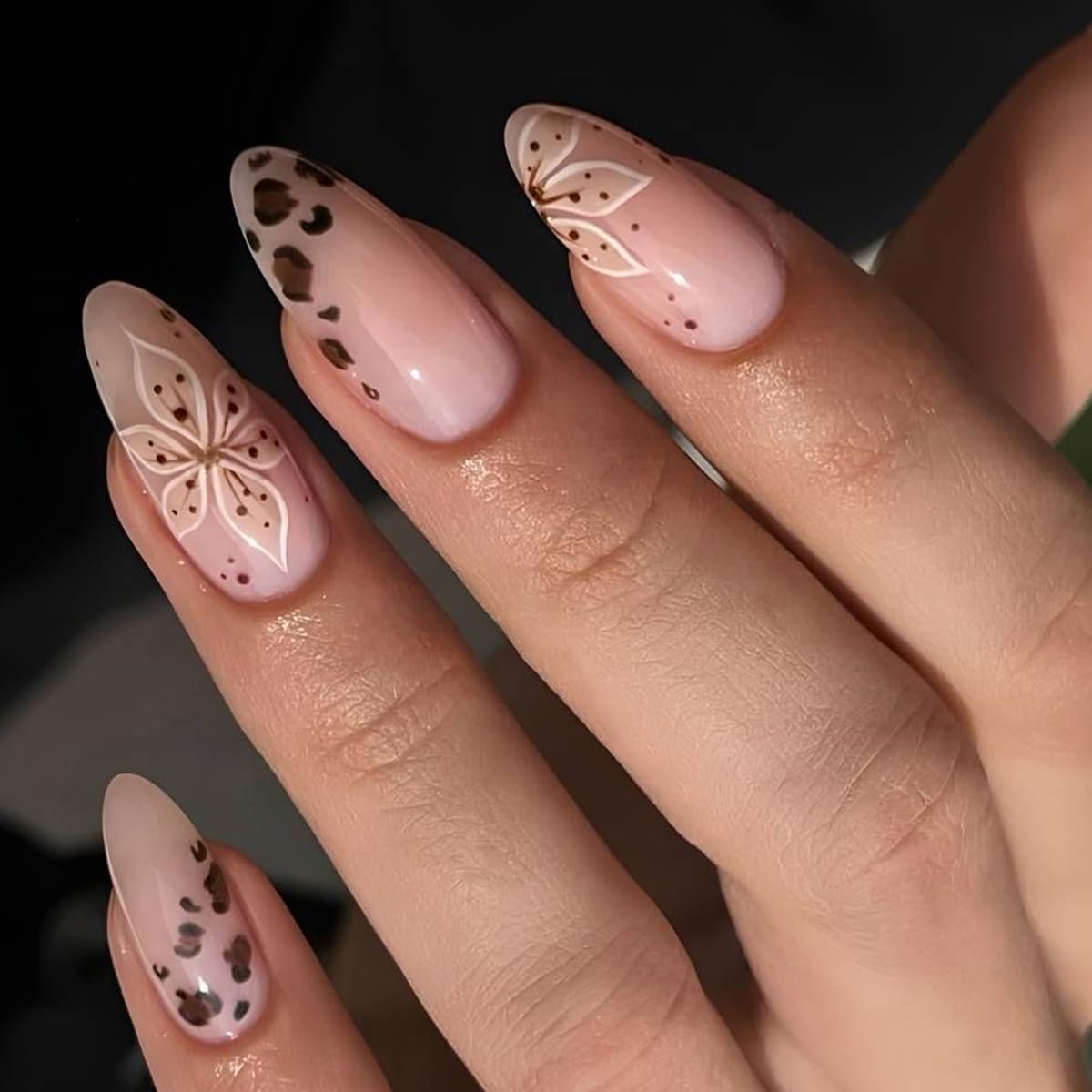Press On Nails - Glossy Marble Medium Almond with 3D Flower & Gold Star Charms | 30 Pcs, Reusable for Ocean Beach Manicure