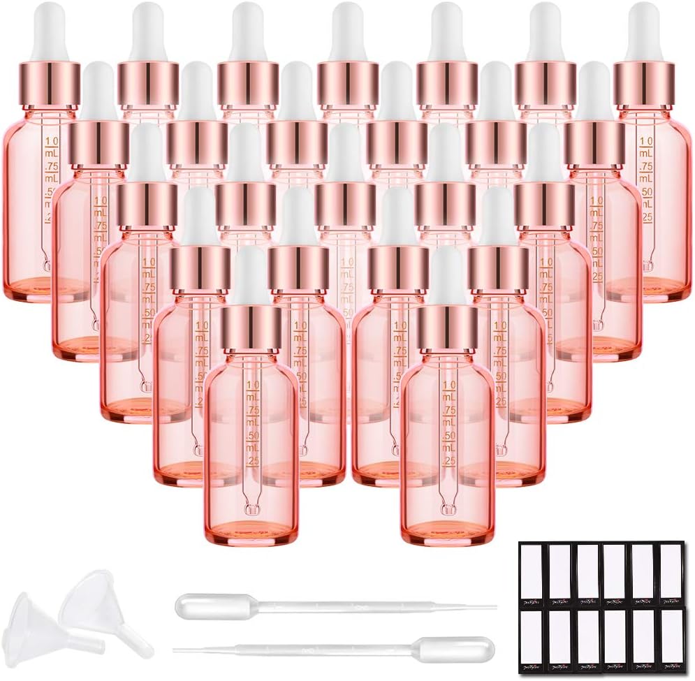 Glass Eye Dropper Bottles - 24 Pack 0.5oz Amber Leakproof Bottles with Golden Caps | Perfect for Essential Oils, Tinctures, Travel