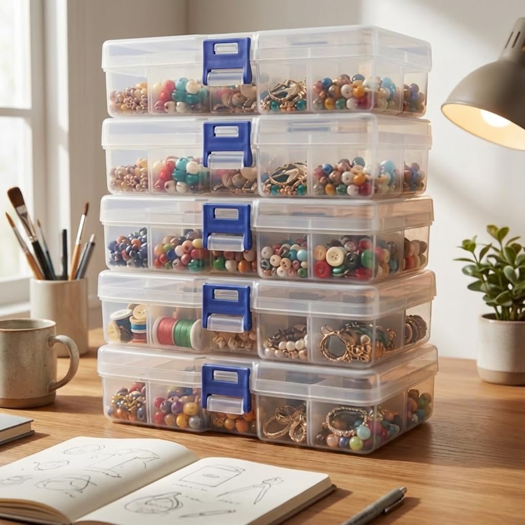 Stackable Plastic Organizer Boxes - 4-Pack Jewelry & Craft Storage Case | Waterproof Bead, Nail & Tackle Holder (Orange)