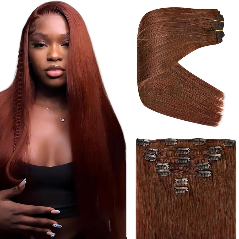 Reddish Brown Clip in Hair Extensions Real Human Hair, 30 Inch 120g/7Pcs,#33 Auburn Brown Remy Human Hair,Copper Straight Clip ins Brazilian Virgin Human Hair Extensions