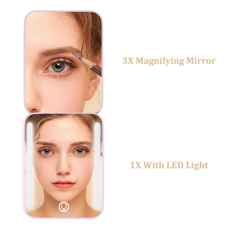 Rechargeable Travel Makeup Mirror with Light - 1x/3x Magnification, 3 Color Modes | Compact & Portable, Purple