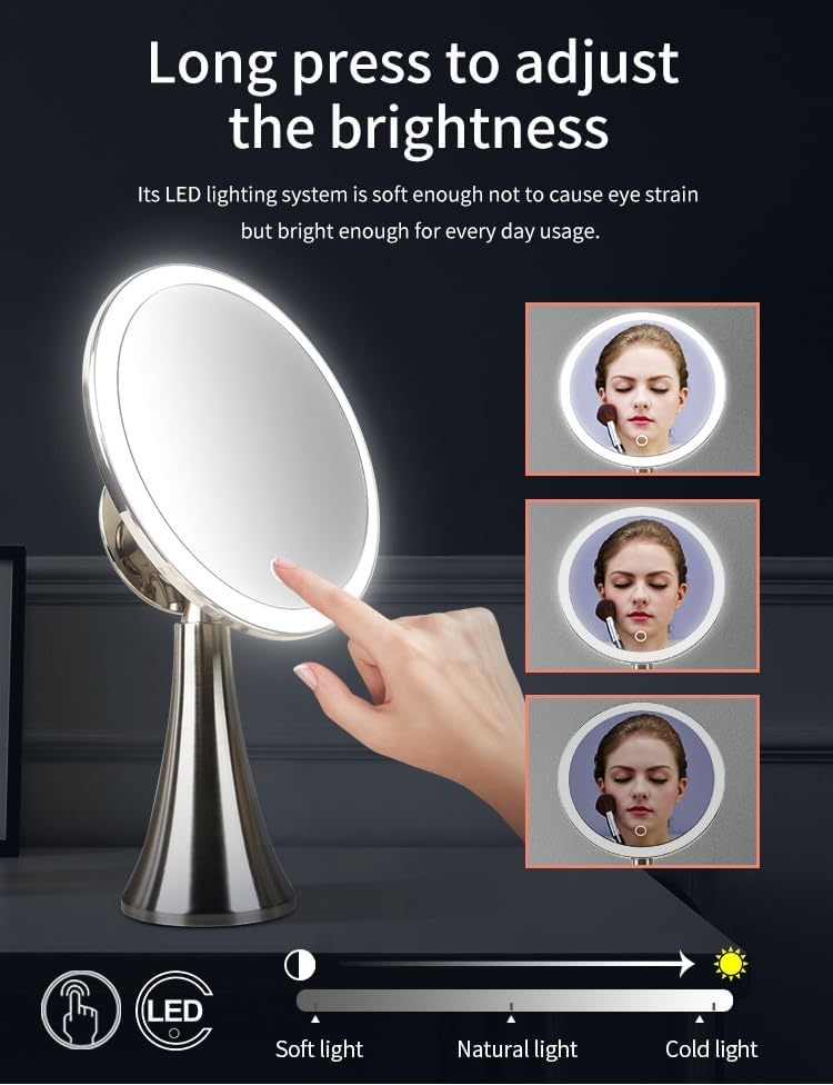 Lighted Round Makeup Vanity Mirror - 5X/10X Dual Magnification, Rechargeable & Touch Control | Ultra Bright LED, Brushed Stainless Steel