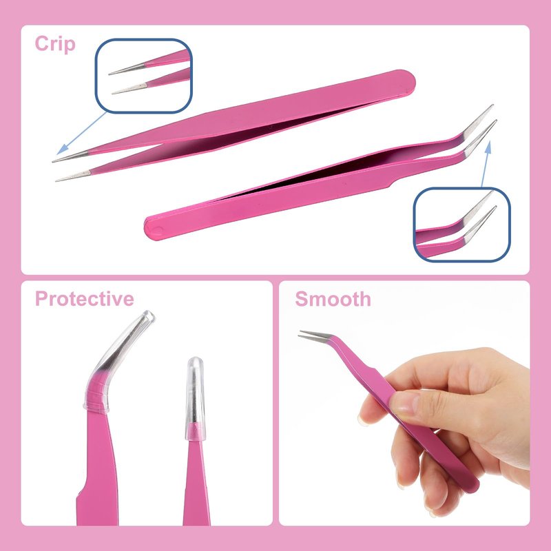 Sticker Tweezers, 2 Pcs Stainless Steel Craft Tweezers Straight and Curved Tip Lash Tweezers for Jewelry Making, Eyelash, Cardmaking, Precision Electronics, Scrapbooking Tools (Rose Red)