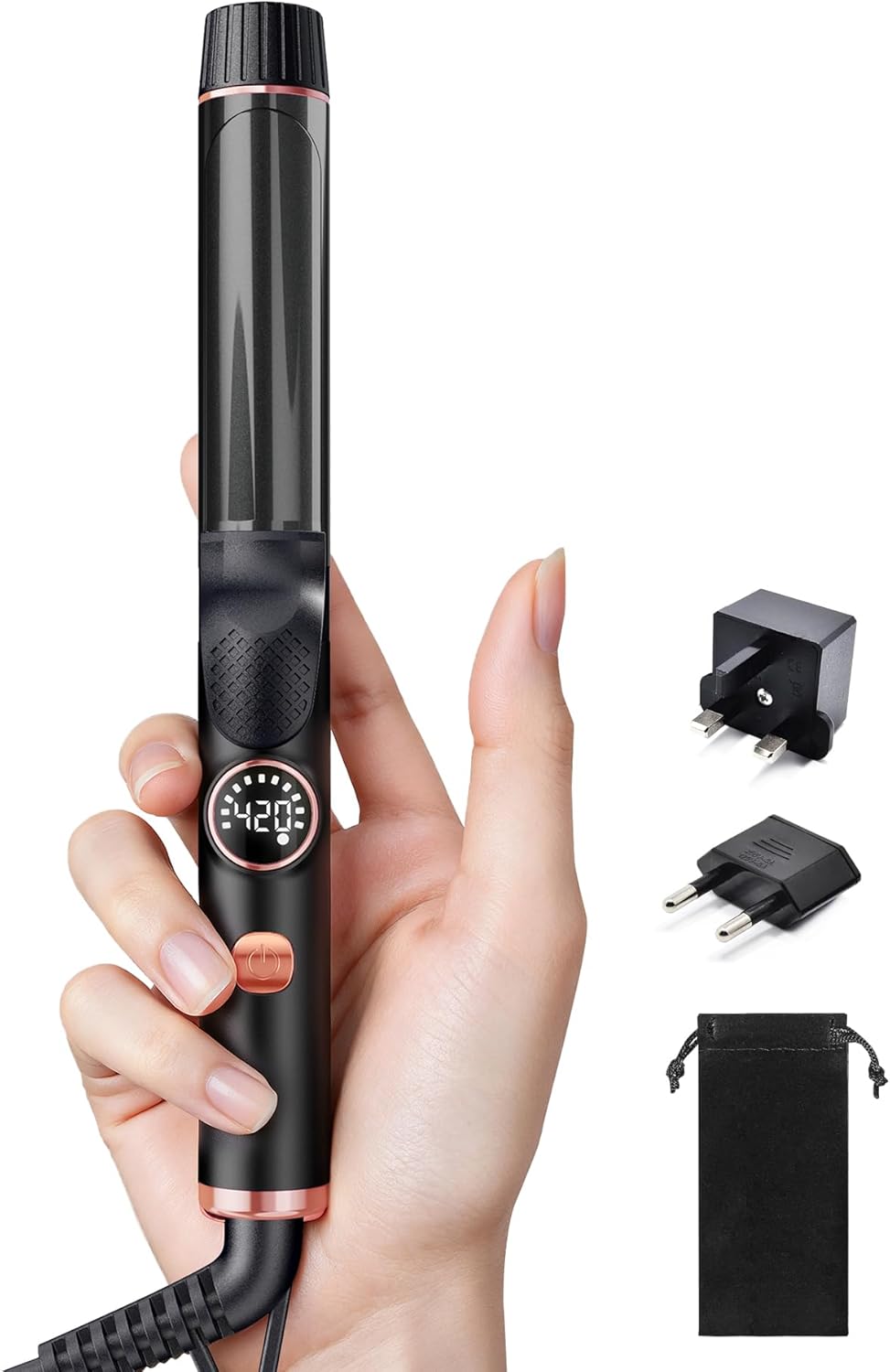 Mini Travel Curling Iron - 1 Inch Dual Voltage Wand for Short Hair | 5 Heat Settings, Blush Gold