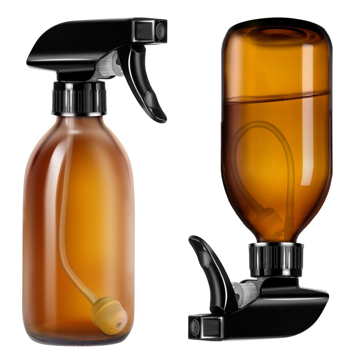 Tecohouse Amber Glass Spray Bottles 8oz, 2 Pack 360° Water Spray Bottle for Cleaning Upside Down Spray Bottles Mister Squirt Bottle with Adjustable Nozzle for Hair, Plant, Pet