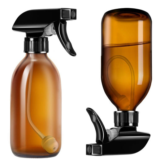 Tecohouse Amber Glass Spray Bottles 8oz, 2 Pack 360° Water Spray Bottle for Cleaning Upside Down Spray Bottles Mister Squirt Bottle with Adjustable Nozzle for Hair, Plant, Pet