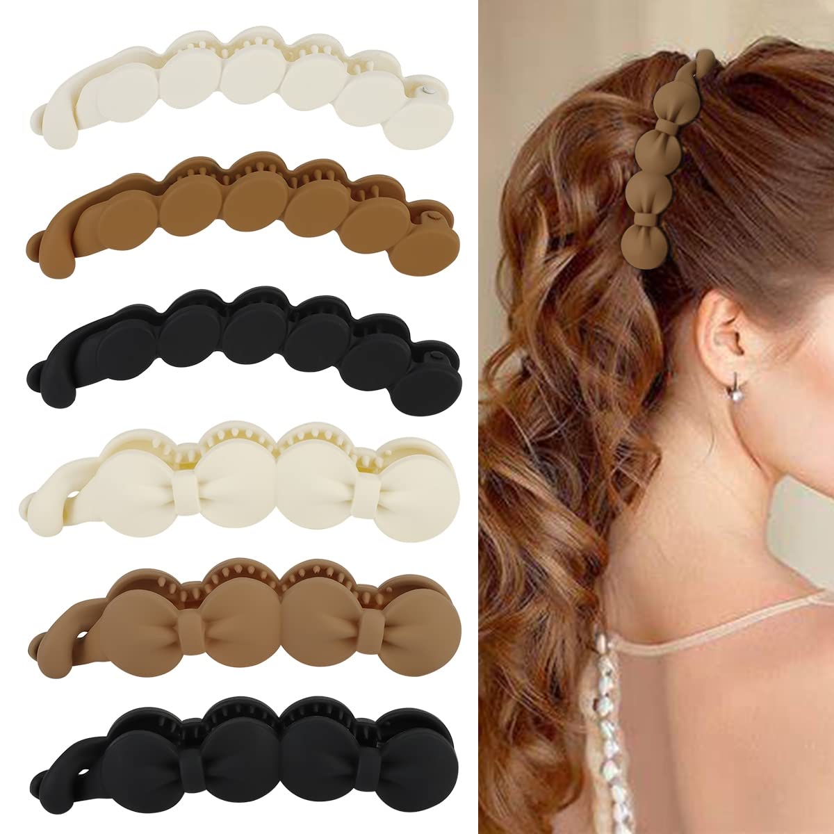 Hair Clips - 6PCS Bow Oval Banana Clips for Medium Thin Hair | 4.1 Inch Matte Strong Hold Half Ponytail Accessories