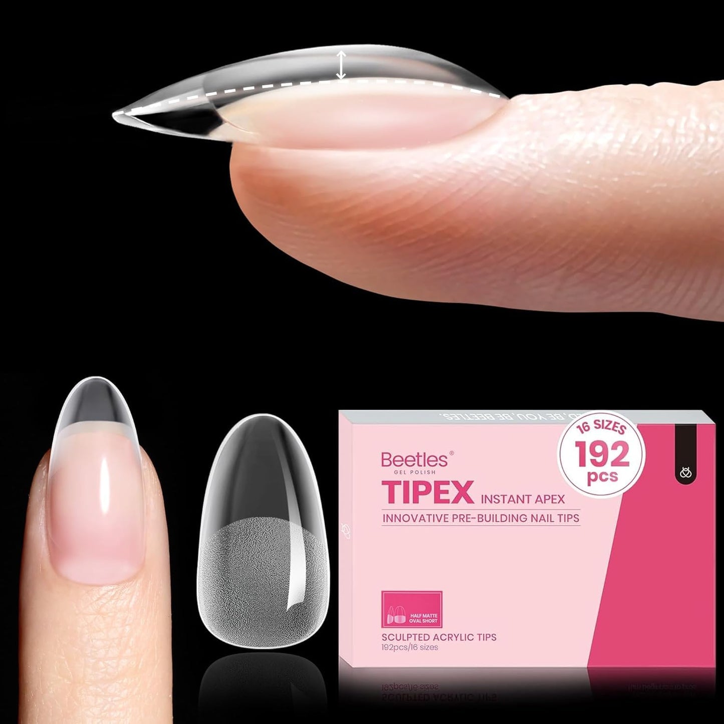 Beetles Instant Apex Nail Tips - Short Square, 192pcs in 16 Sizes 00–14 | Thicker Strong Acrylic for DIY Extensions