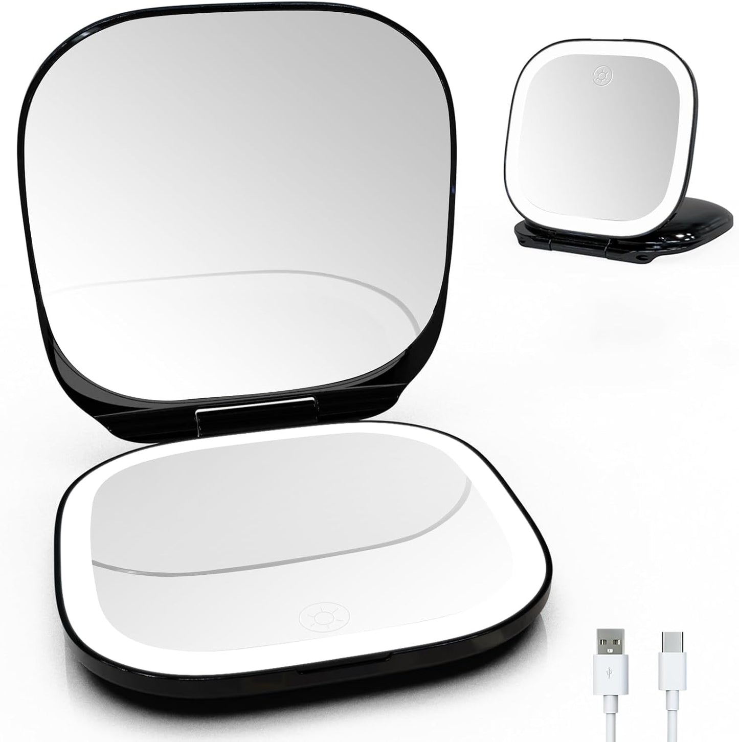 Lighted Travel Mirror - Adjustable Brightness, 1X/10X Magnification | Mini Dimmable Design for Handbag & Pocket (Black)
