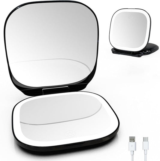 Lighted Travel Mirror - Adjustable Brightness, 1X/10X Magnification | Mini Dimmable Design for Handbag & Pocket (Black)