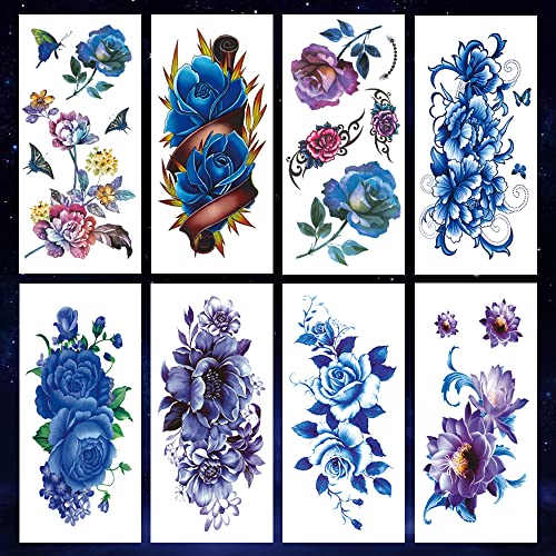 Oottati TL-A10 Waterproof Temporary Tattoo Stickers 8 Sheets - Blue, Purple, Rose, Lotus, Butterfly, Long-Lasting Arm Jewelry