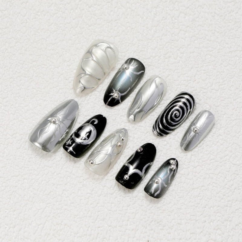 Gothic Press-On Nails - 30Pcs Medium Almond Black & Silver Chrome with 3D Rhinestones | Y2K Dark Punk Acrylic Design