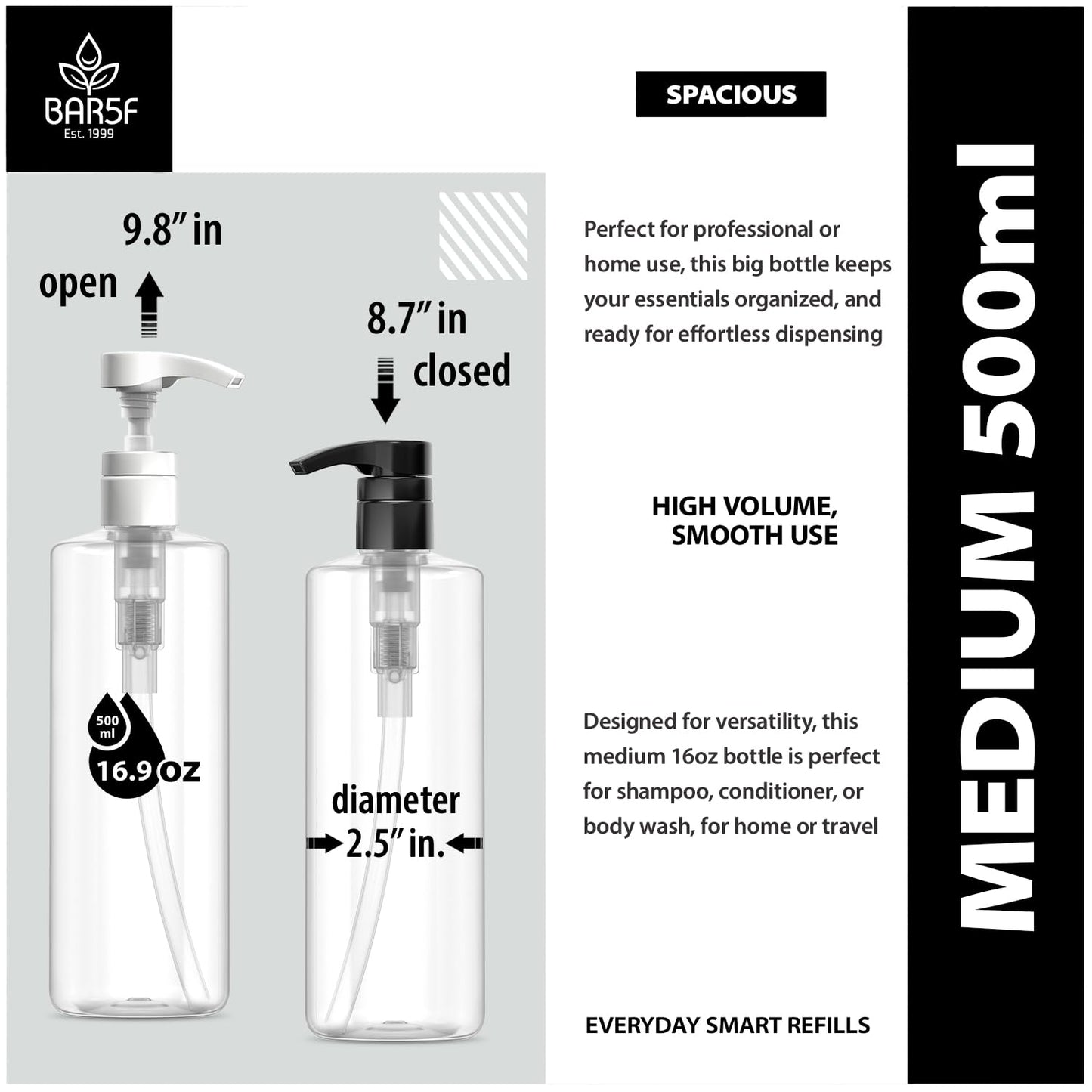 Bar5F Plastic Lotion Bottles with Black & White Pumps, 16 oz | Leak Proof, Empty Clear Cylinder, Refillable, BPA Free for Shampoo, Moisturizer, Face Cream, Liquid Hand Soap | Pack of 2