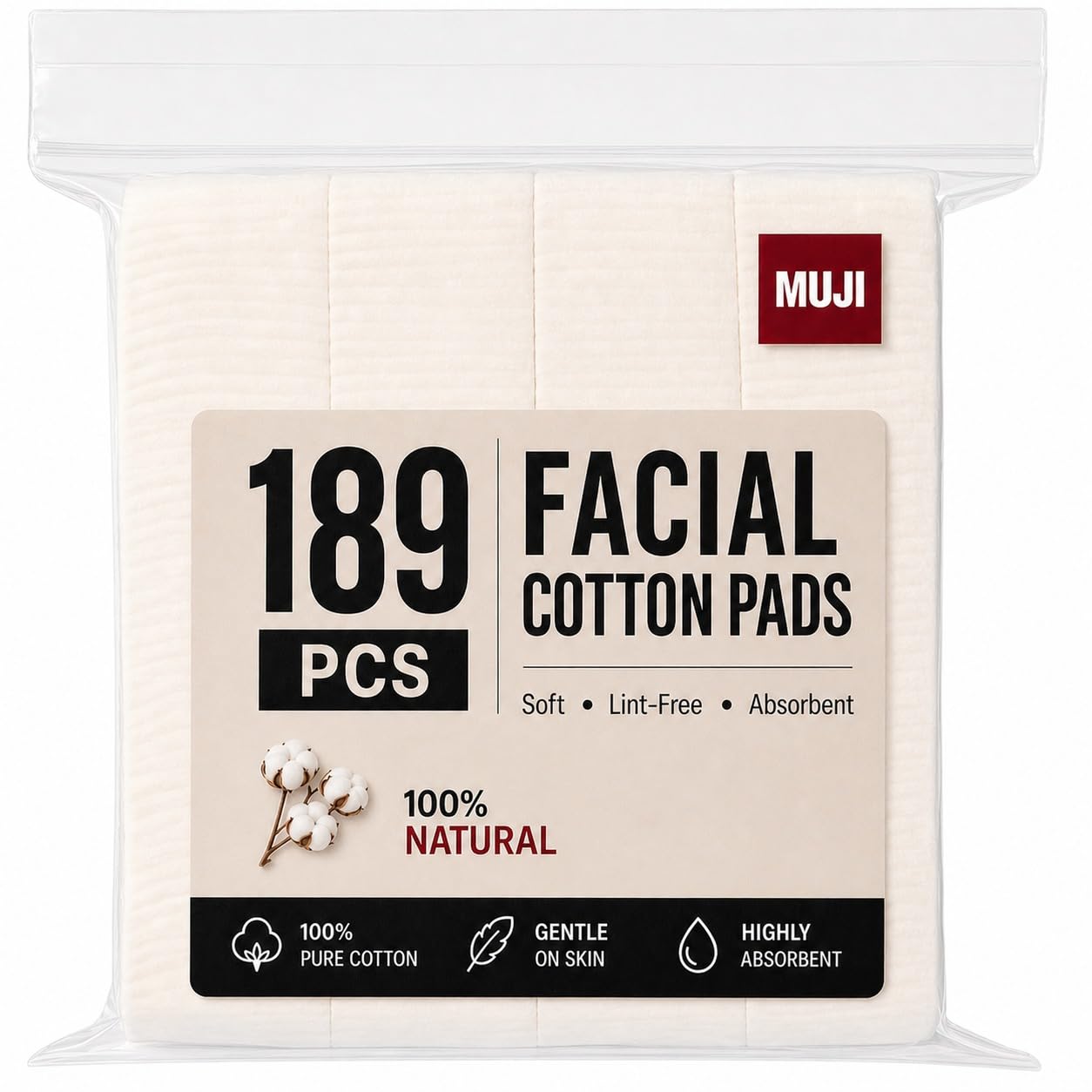 Makeup Facial Soft Cut Japanese Cotton Pads Unbleached 60x50mm – Natural, Lint Free – Multi-Use for Makeup Removal, Toner Application, Skincare, Nail Polish Removal & Baby Care, 189 PCS (White)