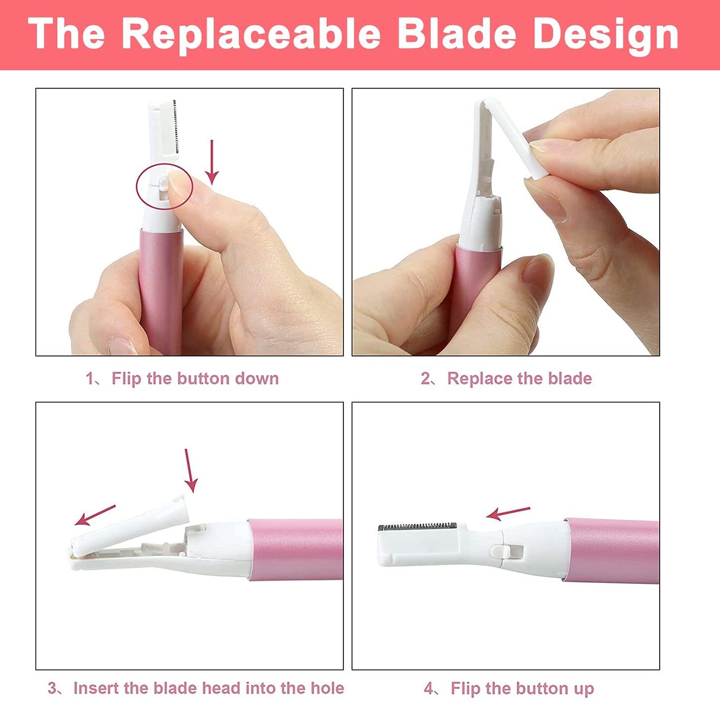 LAIKME Electric Eyebrow Trimmer for Women, Facial Hair Razor Removal for Men, Mini Epilator for Bikini, Remover for Face, Chin, Peach Puzz, Lips, Body, Arms, Legs, Battery Operated (Pink)