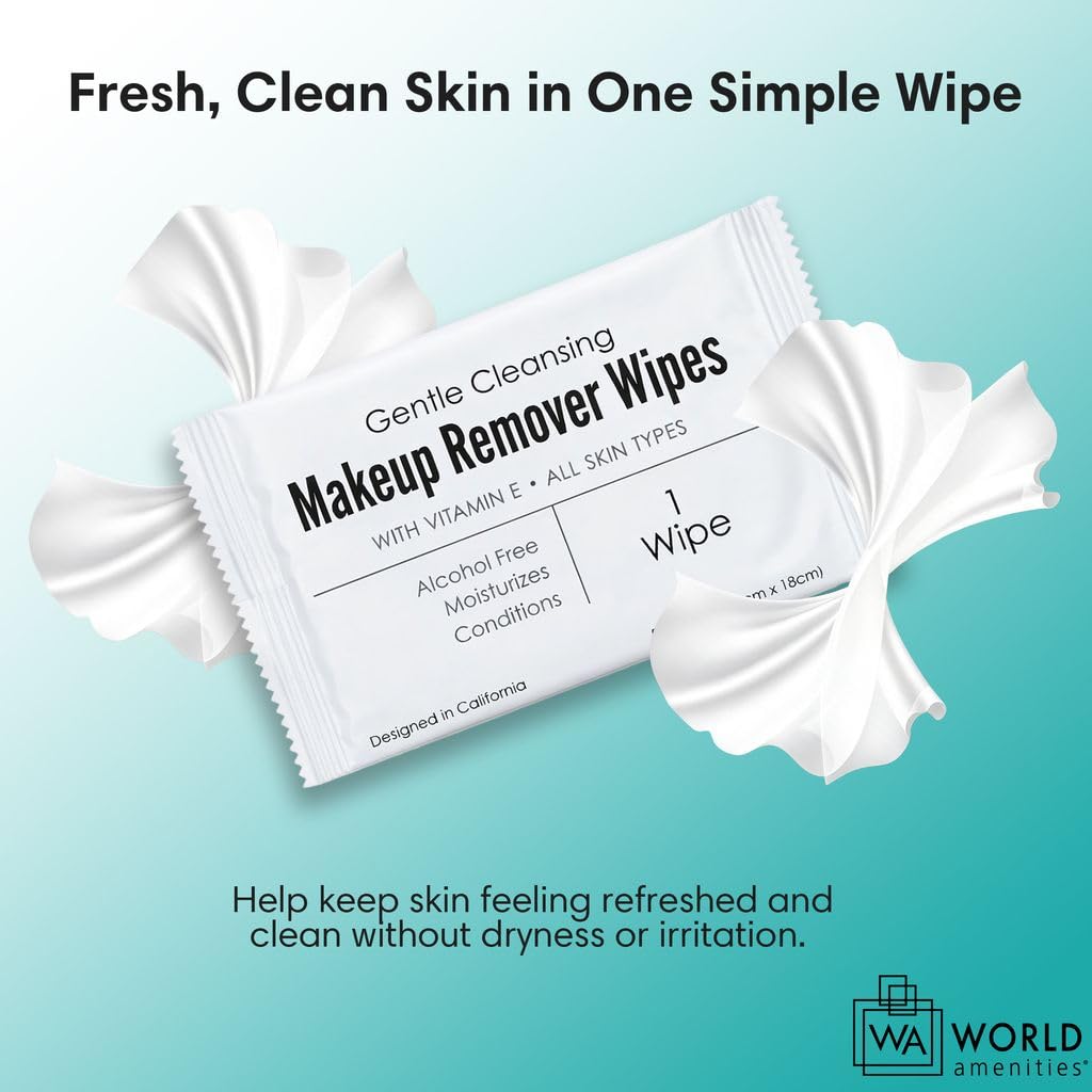 Makeup Remover Wipes - Alcohol-Free Vitamin E Facial Cleansing Wipes for Sensitive Skin | 50 Individually Wrapped Travel-Friendly Wipes