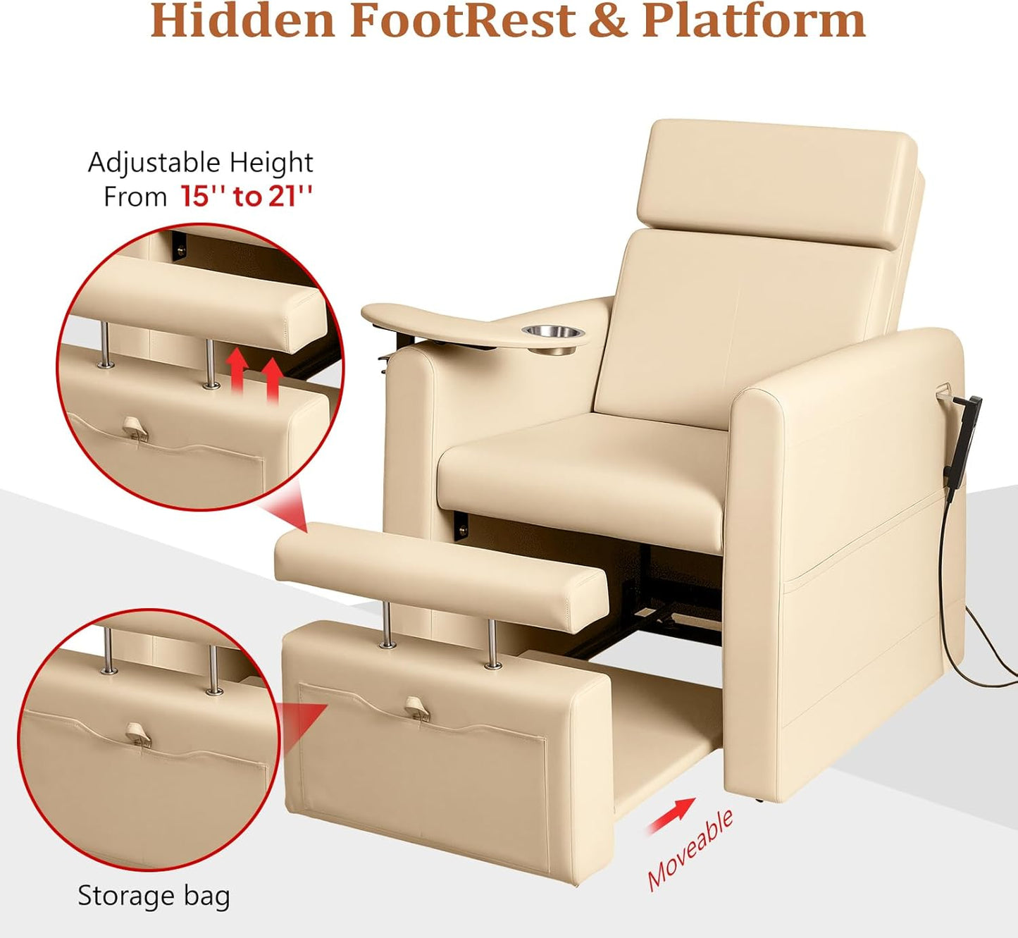 Electric Pedicure Chair - Adjustable Backrest & Movable Cup Holder | Professional Spa Salon Equipment (Bleached Sand)