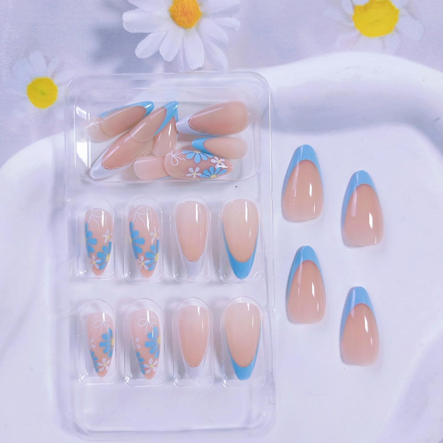 Flower Press on Nails Almond Summer Spring Nails Press on French Fake Nails with Blue Daisy Floral Designs Reusable False Nails Cute Artificial Acrylic Nail Medium Stick on Nails for Women 24Pcs
