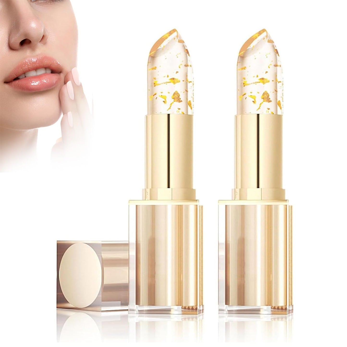 POOLJOY Transferproof Color Changing Lipstick, Gold Crystal Ph Lipstick Color Changing, Long Lasting 24 Hours Moisturizing Glossy Shine Lip Gloss for Women (2PCS)