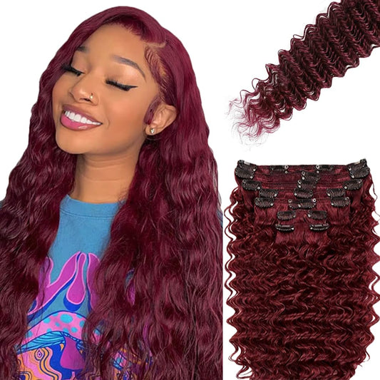 #99J Burgundy Clip in Hair Extensions Real Human Hair, 30 Inch 120g/7Pcs,Full Shine Remy Human Hair,Wine Red Deep Wave Clip ins Brazilian Virgin Human Hair Extensions