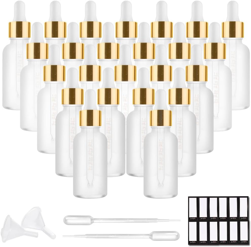 Glass Eye Dropper Bottles - 24 Pack 0.5oz Amber Leakproof Bottles with Golden Caps | Perfect for Essential Oils, Tinctures, Travel